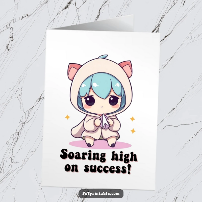 Funny Free Printable Congrats Card: Character intently focused on crafting a small paper airplane, symbolizing achievement.