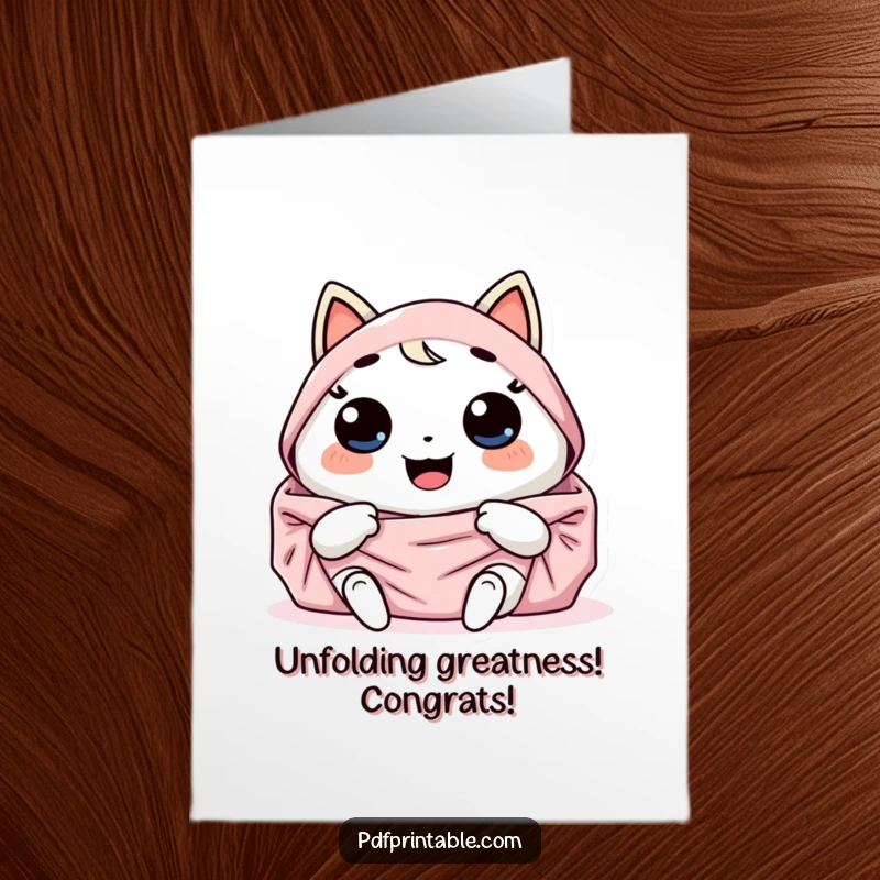 Funny Free Printable Congrats Card: Giggling Kawaii character, unfolding a colorful design, celebrating achievements with joy.