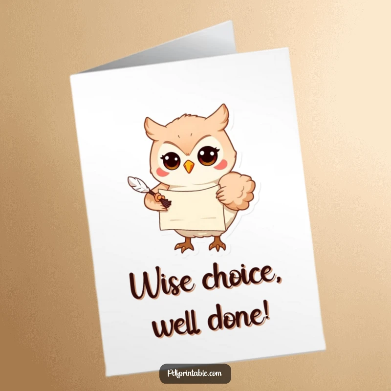 Funny Free Printable Congratulations Card: Playful owl with scroll and quill delivers news of a great achievement.
