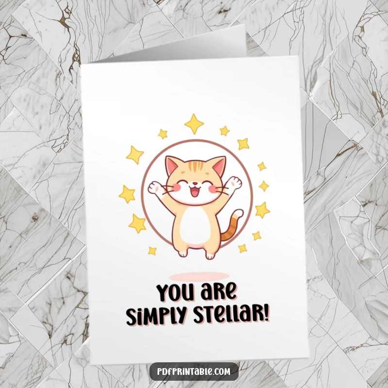 Funny Free Printable congratulations card: a cheerful cat leaps through a hoop of sparkling stars, signifying a fantastic success and achievement.