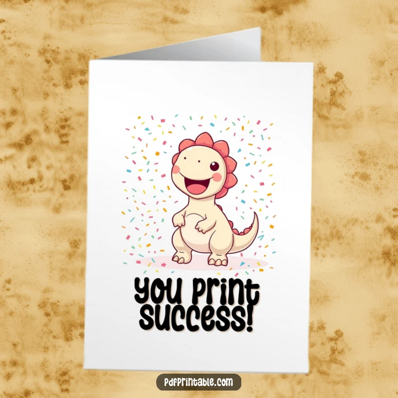 Funny Free Printable Congratulations Card: A kawaii dinosaur joyfully prints a huge, colorful confetti pattern, celebrating an achievement.