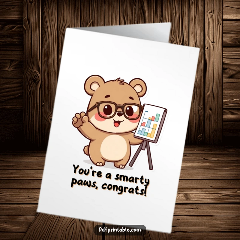Bear wearing glasses, excitedly pointing at a success chart, offering congratulations, free printable.