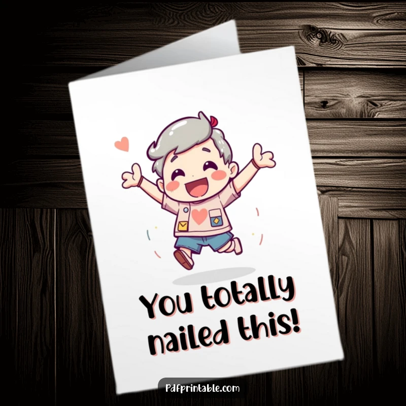 Funny Free Printable Congratulations Card: Character bouncing with excitement after finishing a fun project, celebrating success with infectious enthusiasm.