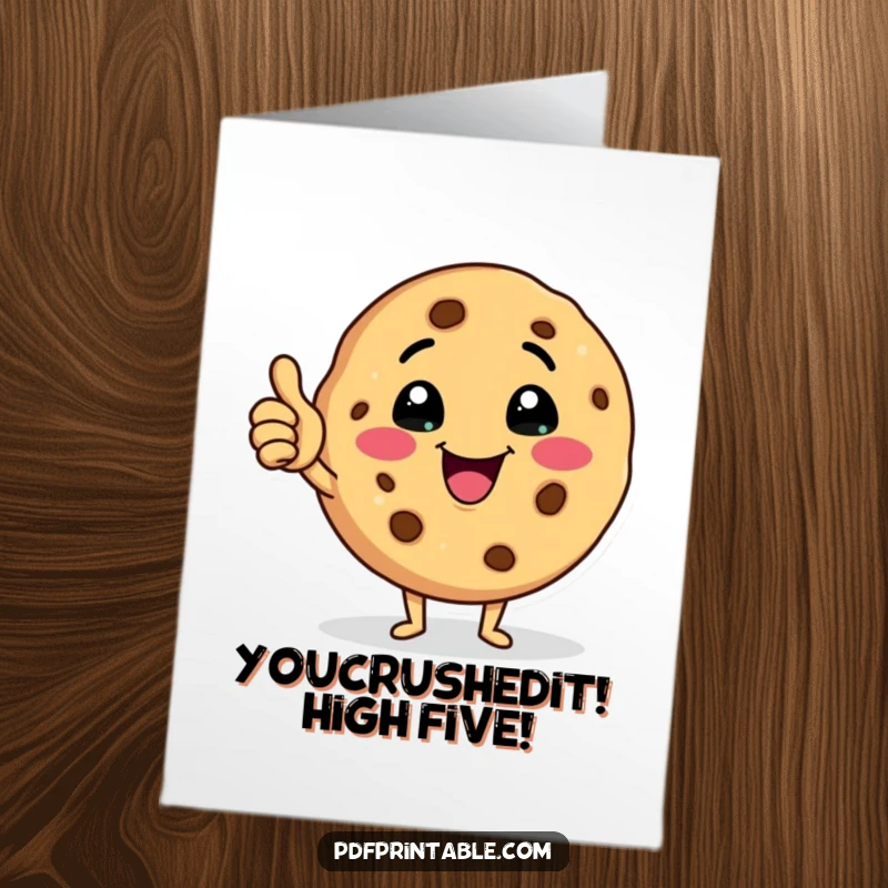 Funny Free Printable Congratulations Card with a happy cookie character giving a wink and a thumbs up, cheering loudly.