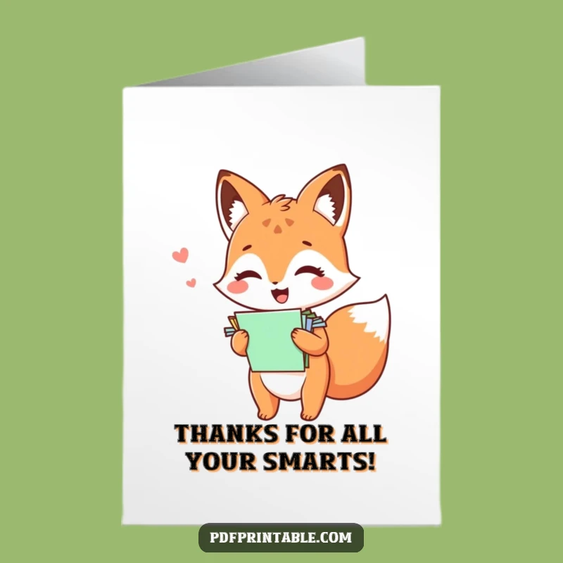 Free Printable Kawaii Fox Thank You Card: Funny Downloadable Gift of Playful Gratitude