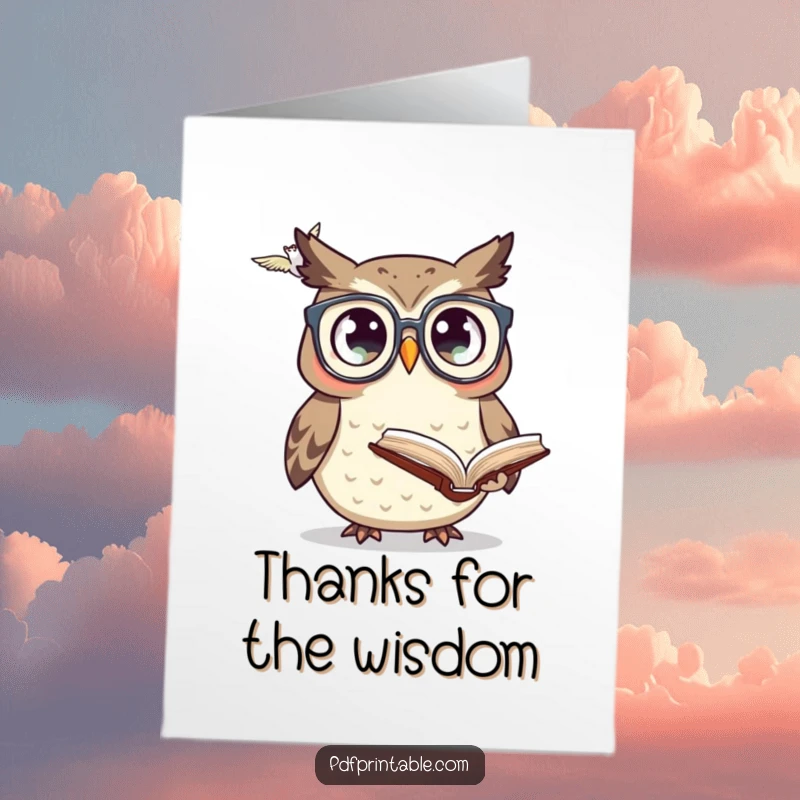 Funny Free Printable thank you card: a surprised owl wearing glasses looks astonished at a flying book, expressing thanks with academic humor.