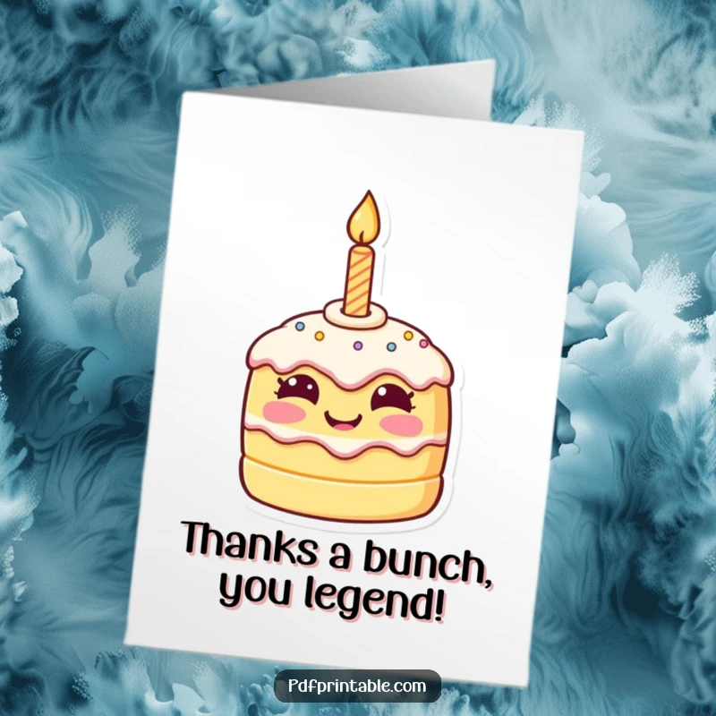 Funny Free Printable Thank You Card showcasing a cheerful cake character, delivering warm wishes and thanks.