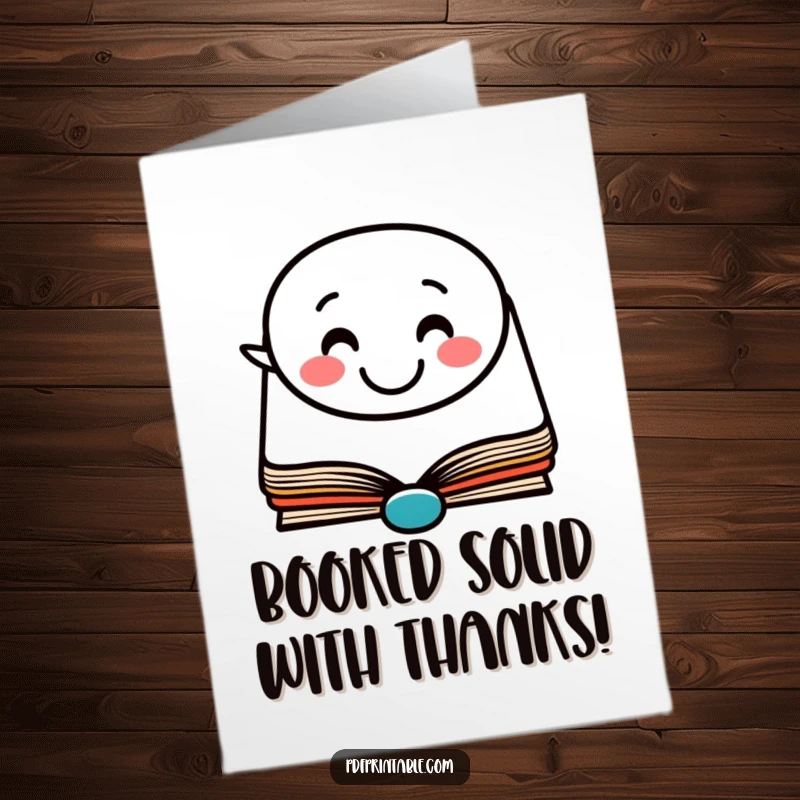 Funny Free Printable Thank You Card: Happy book character with a speech bubble containing a smiling face, sending thanks.