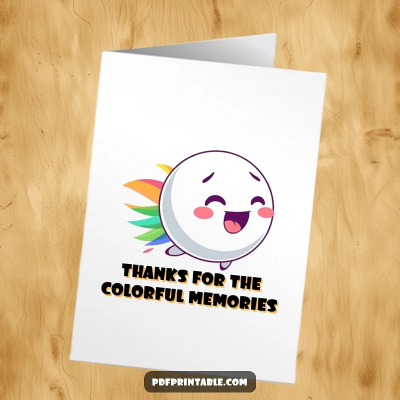 Funny free printable thank you card of a playful bouncy ball leaving a bright, colorful streak, conveying energetic gratitude.