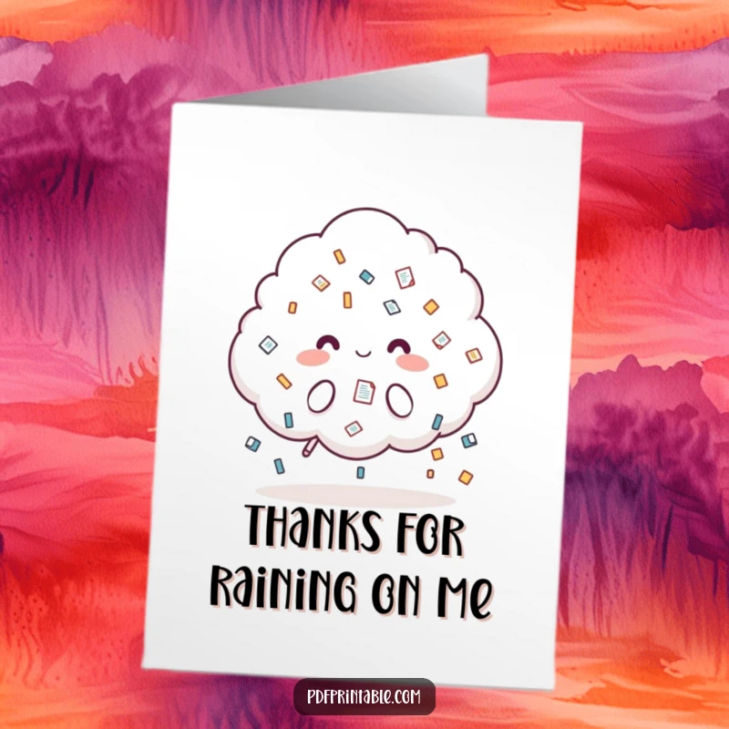 Funny Free Printable Thank You Card: A cloud character showering stylized document icons. A humorous downloadable gift of thanks.