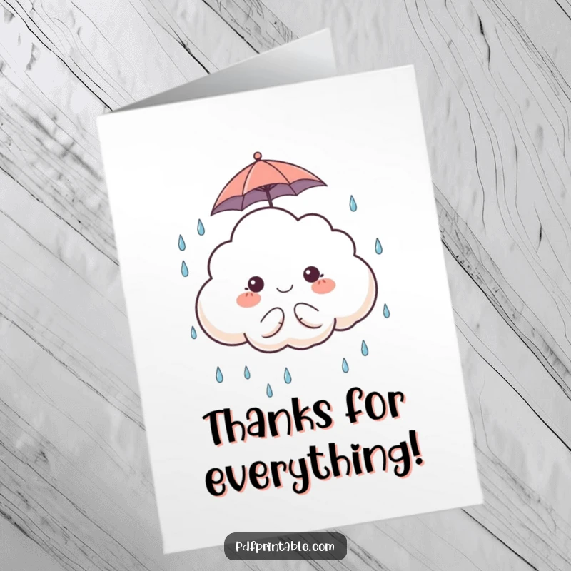 Funny Free Printable Thank You Card: Cute cloud character and tiny umbrella, happily collecting raindrops as a symbol of thanks.