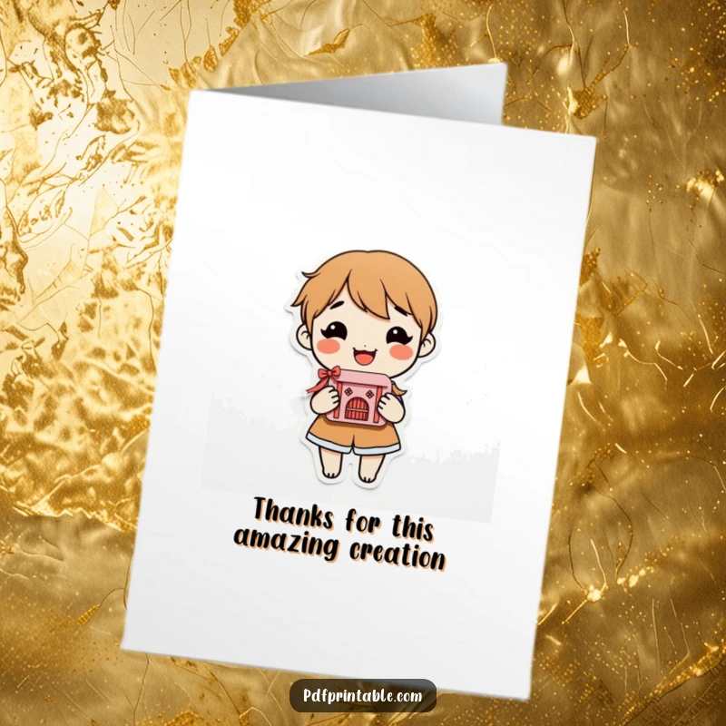 Funny Free Printable Thank You Card: Character joyfully displays a detailed paper craft, offering thanks with a humorous flair.