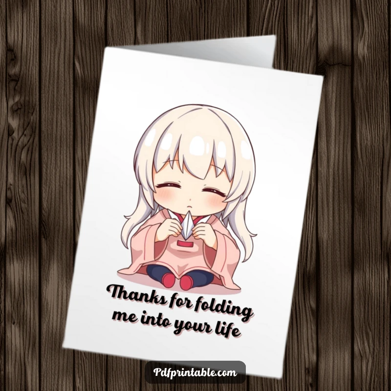 Funny Free Printable Thank You Card: Character meticulously folds a tiny paper crane, conveying sincere thanks with a touch of humor.