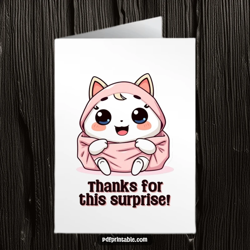 Funny Free Printable Thank You Card: Giggling Kawaii character, holding and unfolding a colorful design, expressing thanks.