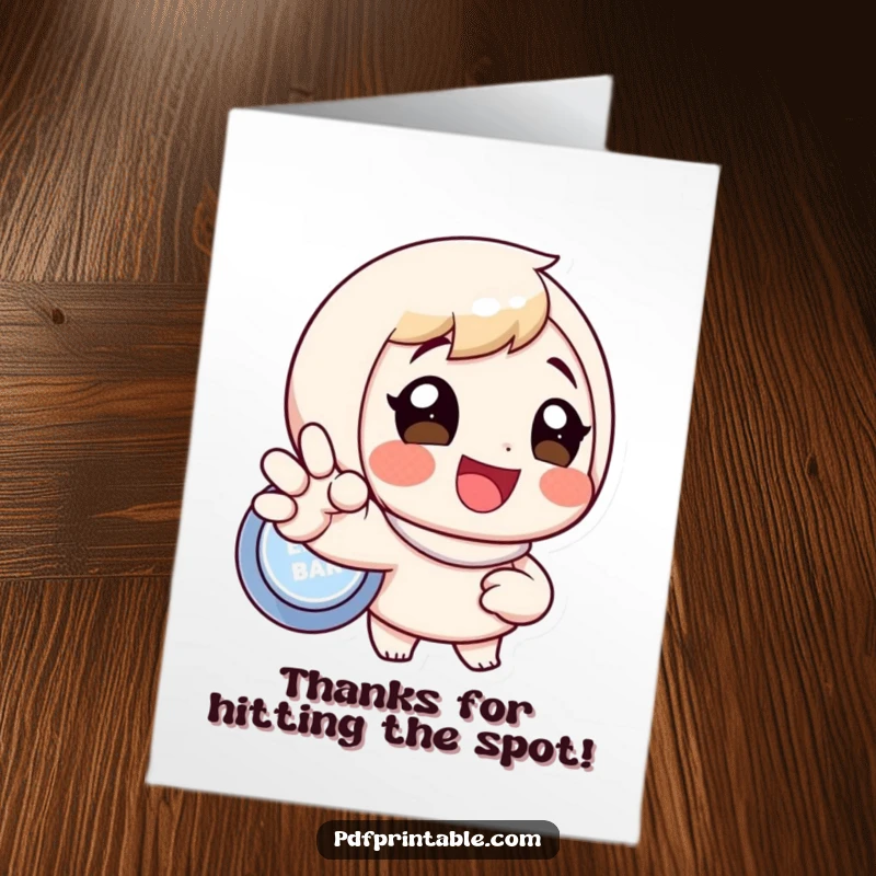 Funny Free Printable Thank You Card of a character with a beaming smile pressing a button, conveying heartfelt thanks.