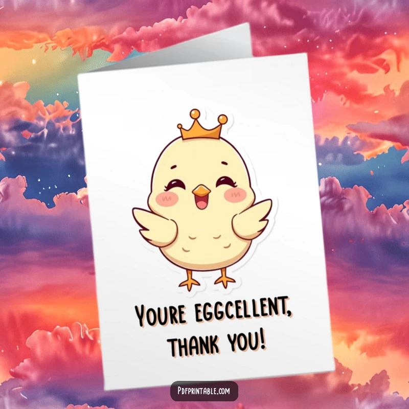 Funny Free Printable Thank You Card: A happy, crowned chick chirps thanks, offering a cute and regal gesture.