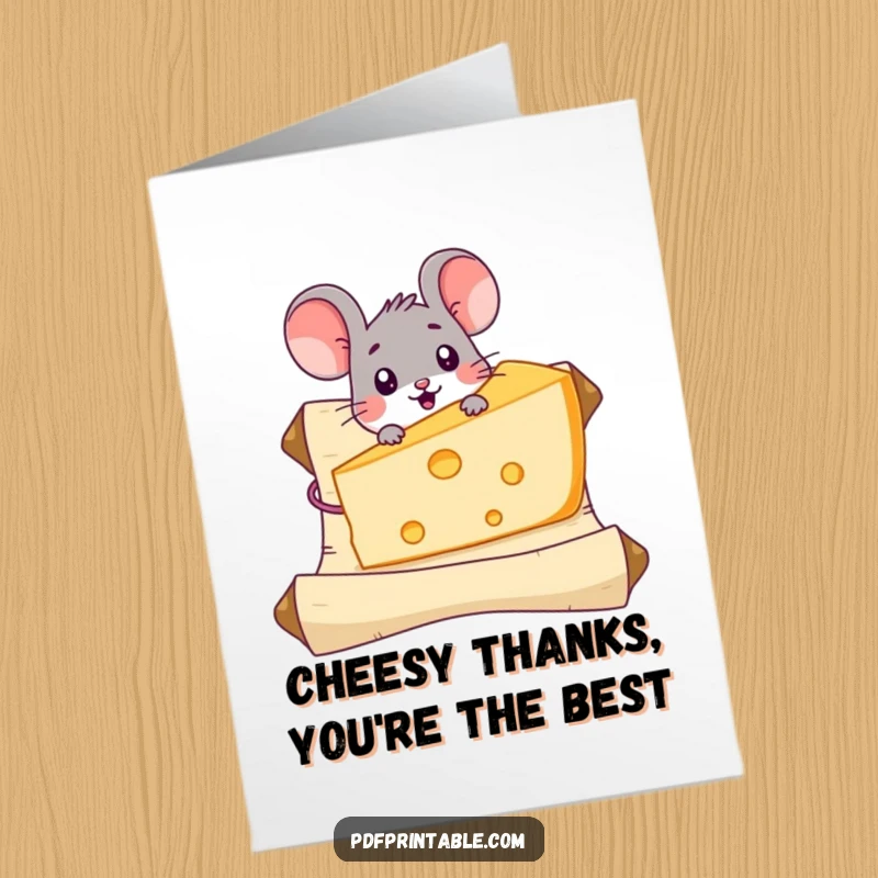 Funny Free Printable Thank You Card: A surprised mouse finds a giant piece of cheese on a scroll.