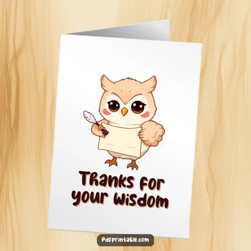 Funny Free Printable Thank You Card: Playful owl with scroll and quill offers a wise and thankful message.