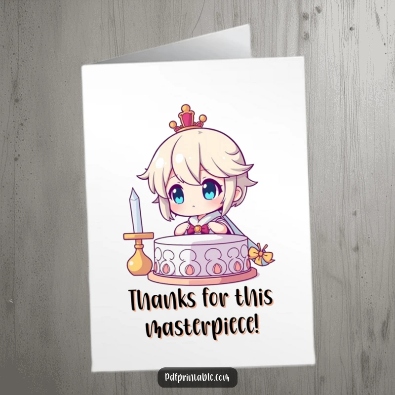 Funny Free Printable Thank You Card: Character radiating pride, admiring a finished creation with a look of deep satisfaction.