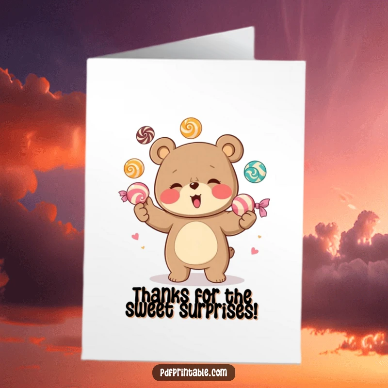 Funny Free Printable Thank You Card: Giggling bear juggling colorful candies expresses heartfelt gratitude.
