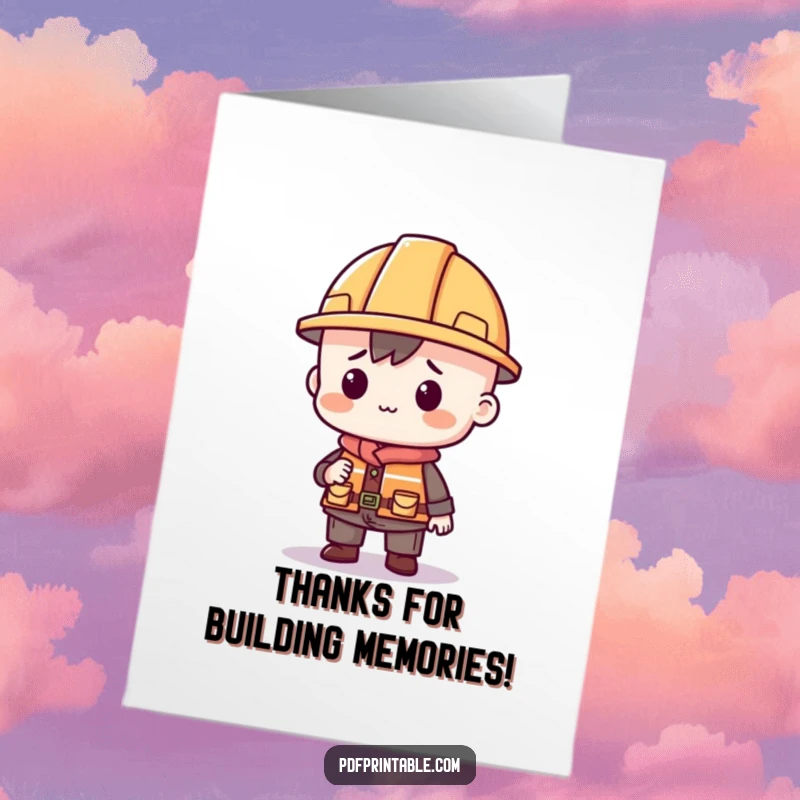 Funny Free Printable Thank You Card: Character in a construction hat holding a blueprint, thanking someone for their help.
