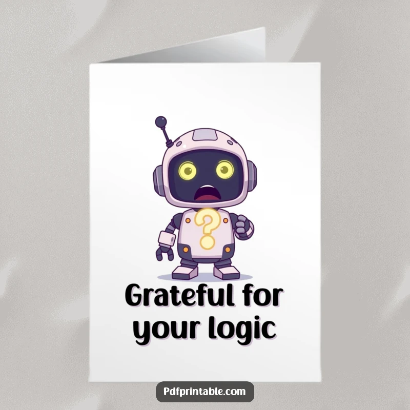 Funny Free Printable Thank You Card: A small robot looks surprised, holding a big glowing question mark, unsure how to thank you.