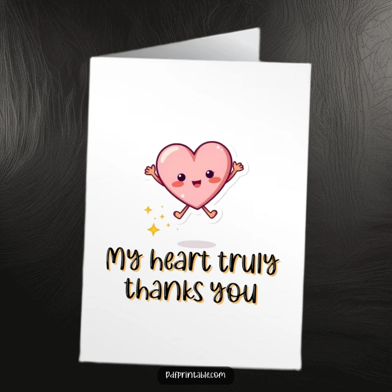 Funny free printable thank you card depicting a jumping heart character leaving a trail of shimmering sparkles, conveying sincere thanks.