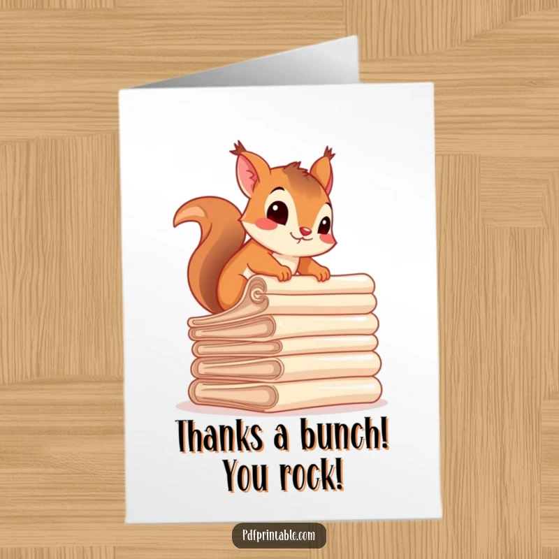 Funny Free Printable Thank You Card: Determined squirrel navigating a large stack of rolled documents, showing appreciation.
