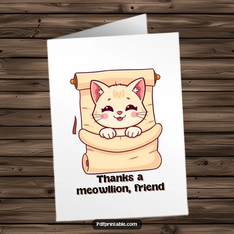 Funny Free Printable Thank You Card: A smiling cat peeking out of a large scroll, ready to deliver thanks.