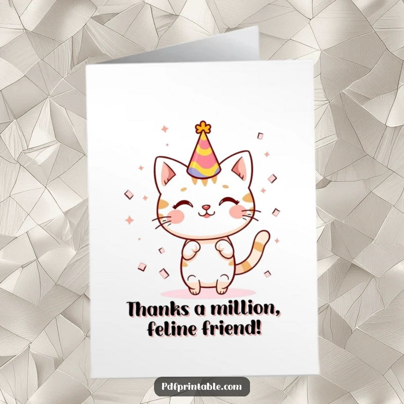 Funny Free Printable Thank You Card: A kawaii cat in a party hat showers thanks with a playful paper cascade.