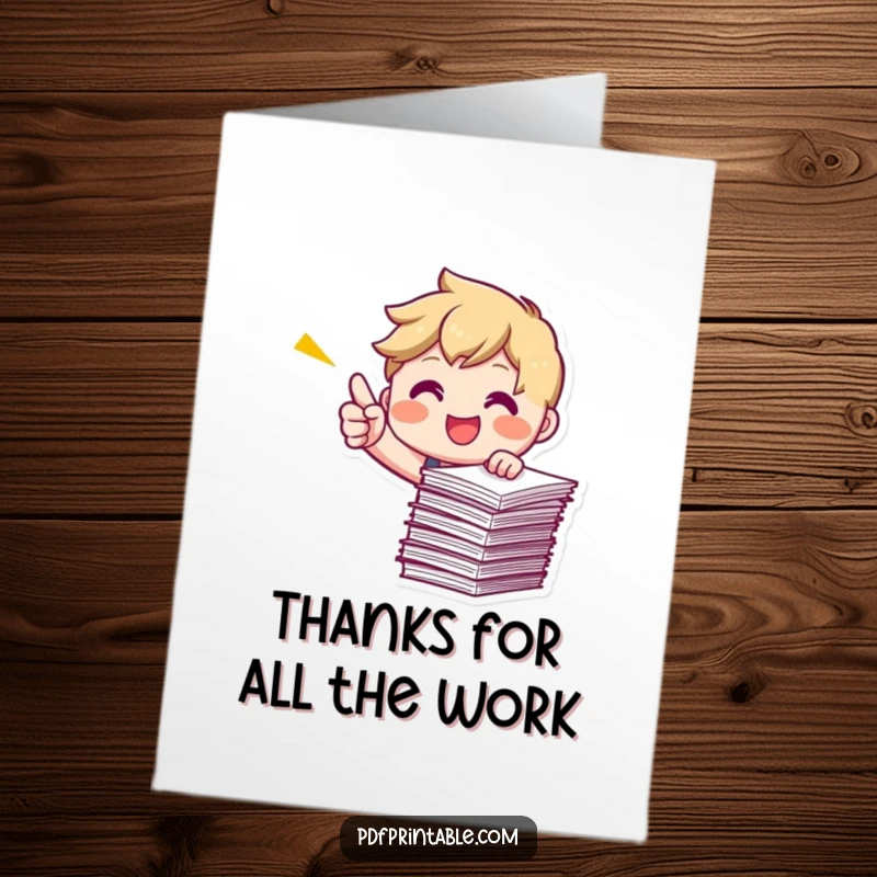 Funny Free Printable Thank You Card: A smiling character points eagerly at papers, conveying a massive amount of thanks, downloadable.