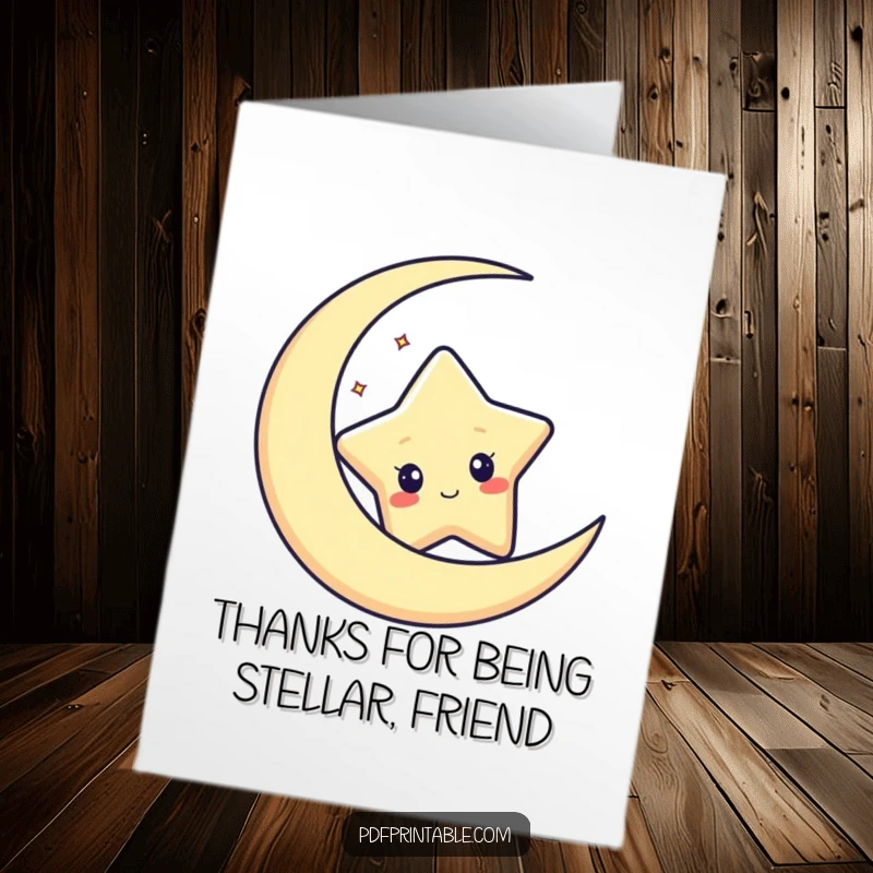 Funny free printable thank you card of a curious star character peeking curiously from behind a crescent moon, sending thanks.