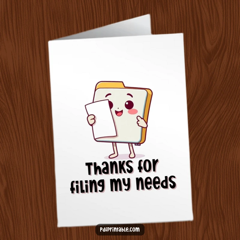 Funny Free Printable Thank You Card: A happy folder character presenting a document with a flourish. Humorous downloadable gift.