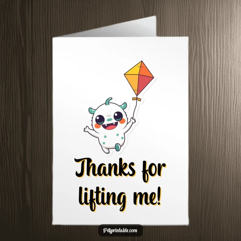 Funny Free Printable Thank You Card: Cheerful monster character flying a colorful kite, sending thanks soaring high.