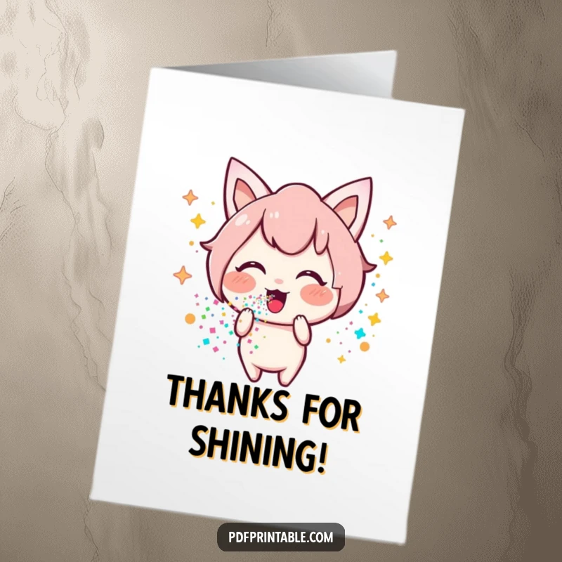 Funny Free Printable Thank You Card: Happy Kawaii character blows a stream of colorful glitter, sending sparkling thanks.