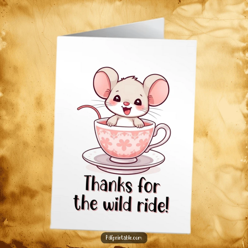 Funny Free Printable Thank You Card: A delighted mouse spills gratitude from a tiny spinning teacup, a unique thank you.