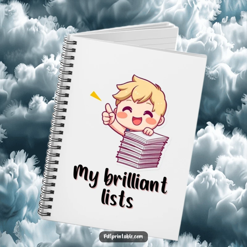 Funny Pointing Papers Notebook with a smiling character energetically pointing at a stack of papers, perfect for planning.