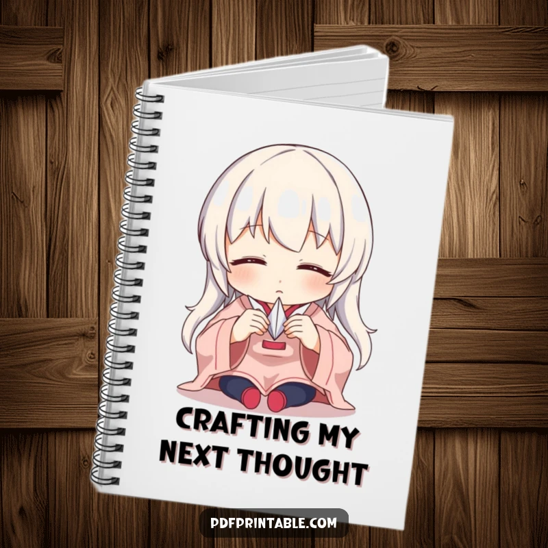 Funny Notebook with a character intensely focused on folding a tiny paper crane, symbolizing creativity and meticulous planning.