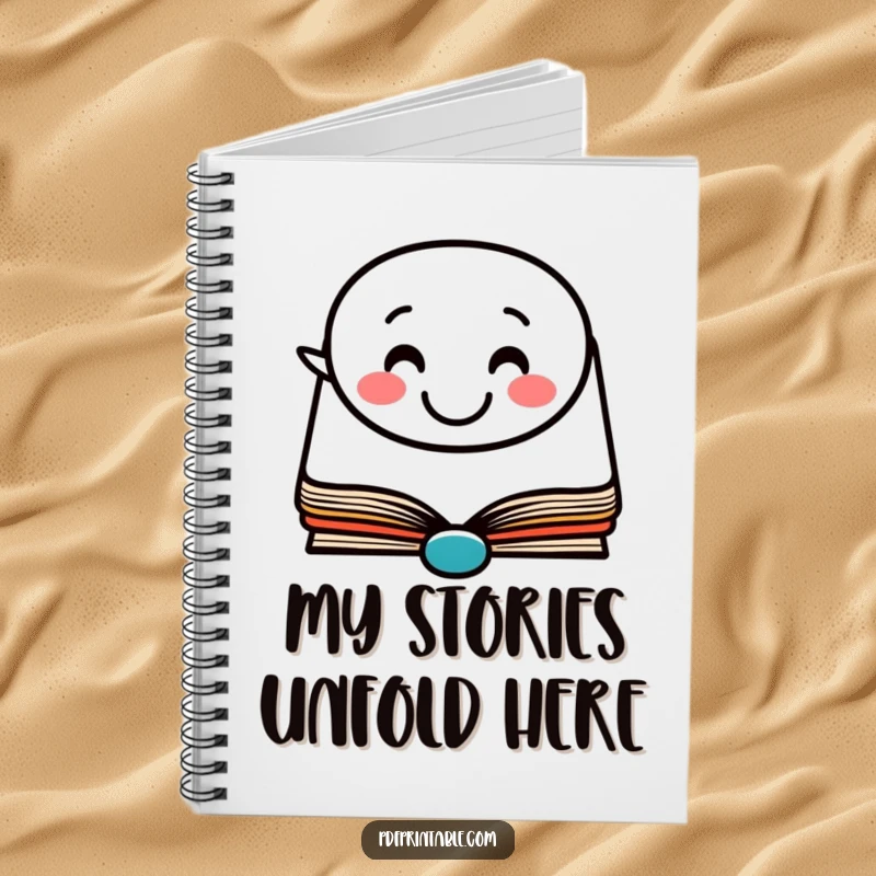 Funny Notebook: A notebook cover with a happy book character and a smiling speech bubble, ideal for jotting thoughts.