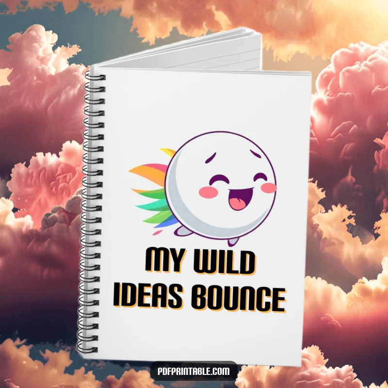 Funny notebook cover featuring a dynamic bouncy ball character leaving a colorful streak, ideal for note-taking.