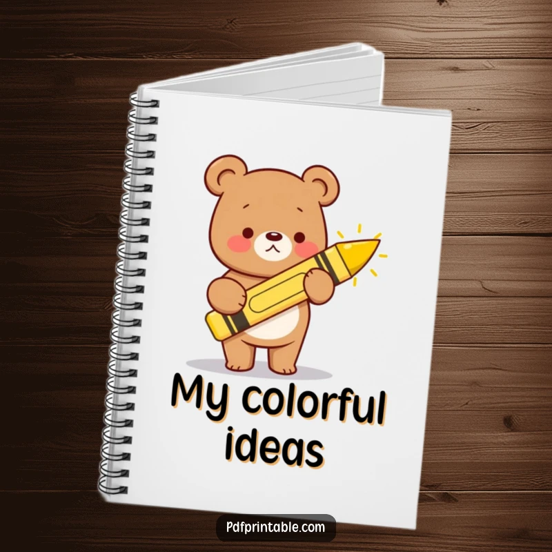 Funny kawaii bear with a giant crayon, drawing a happy sun, inspiring creativity in this cute notebook.