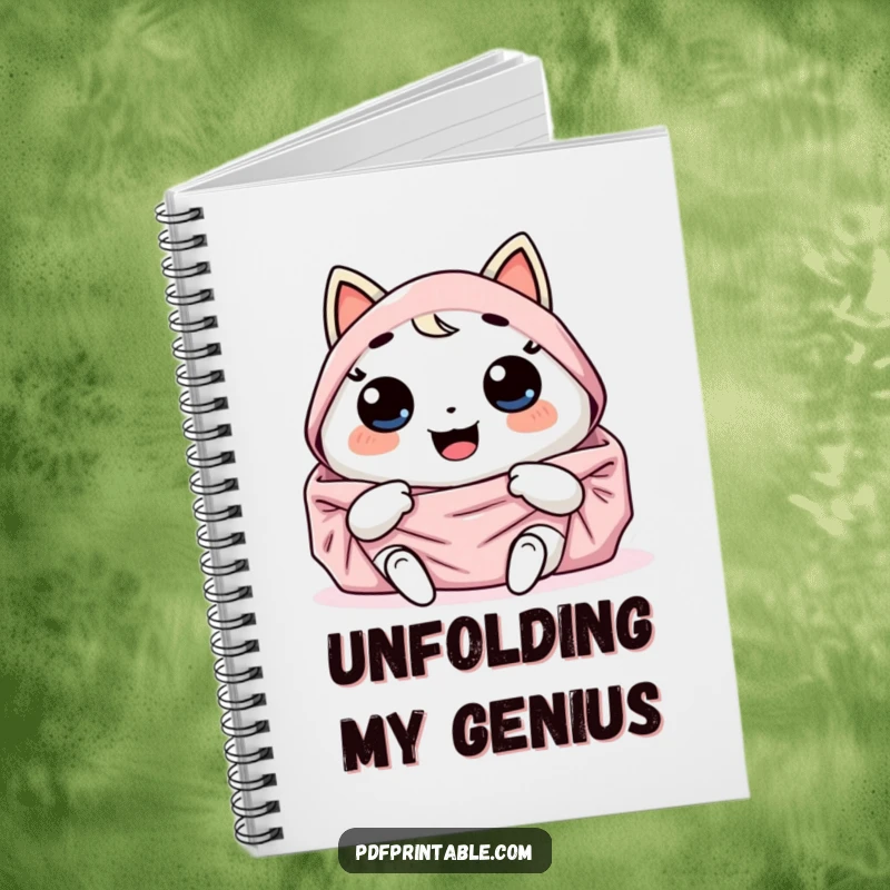 Funny Notebook: Giggling Kawaii character joyfully unfolds a large, colorful design. Ideal for journaling and funny gift giving.