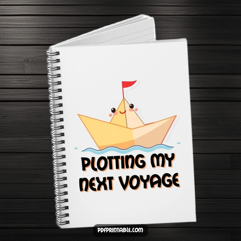 Funny Notebook with a happy paper boat character sailing on a wavy line, ideal for jotting down ideas and plans.
