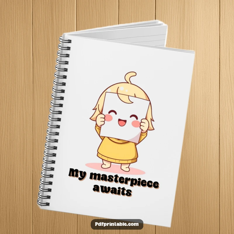 Funny notebook cover featuring a cute character holding a printed page, symbolizing achievement and organized thoughts.
