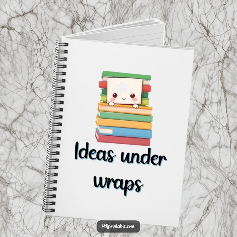 Funny Notebook with a paper character peeking from behind colorful pages, symbolizing imagination, stories, and reading enjoyment.