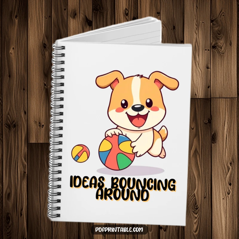 Funny Dog Ball Notebook with a happy dog character playfully chasing a bouncing, colorful ball, perfect for journaling and note-taking.
