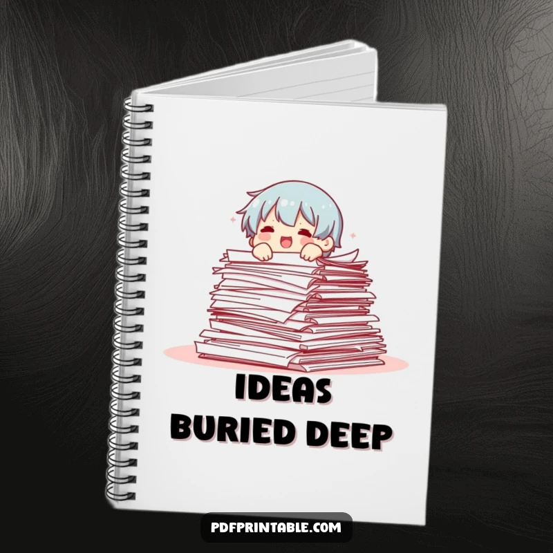 Funny notebook cover showing a character comically tumbling from an overflowing stack of papers, inspiring creative note-taking.