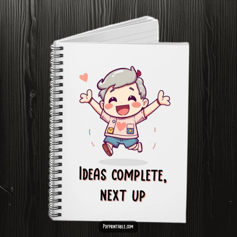 Funny Notebook with a character bouncing with excitement after completing a fun project, inspiring productivity.
