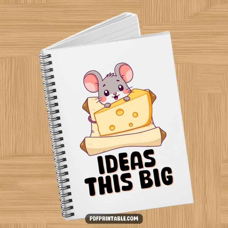Funny Mouse Cheese Notebook with a surprised mouse character discovering a giant piece of cheese on a scroll, perfect for journaling and note-taking.