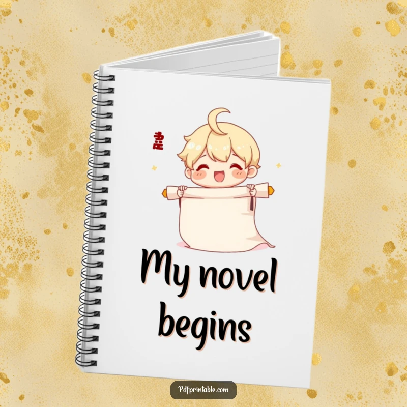 Funny Scroll Notebook with a cute character joyfully unrolling a long scroll of paper, perfect for capturing ideas.